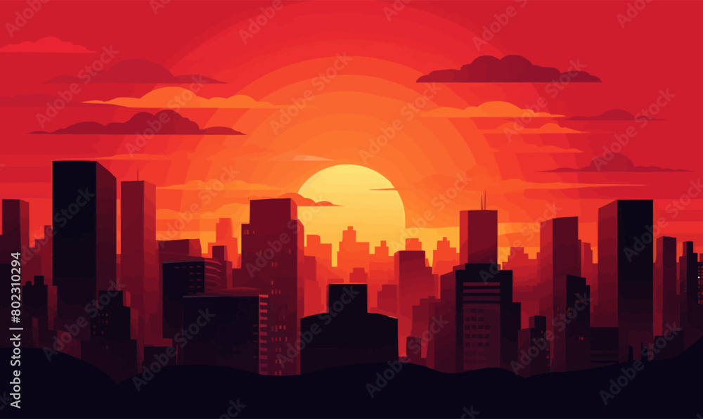 sunset city vector flat minimalistic isolated illustratio