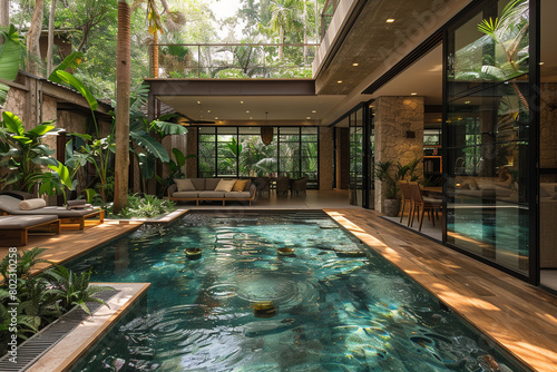 A contemporary indoor lap pool flanked by sleek loungers and lush greenery, providing a luxurious retreat within the home. photo