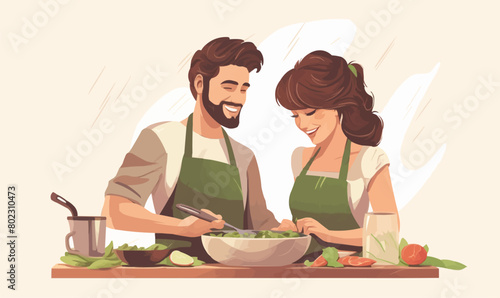 Joyful Couple Cooking Together isolated vector style on isolated background illustration
