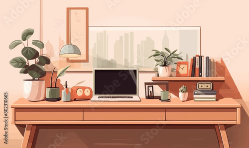 home office workspace, computer table with laptop, vector illustration