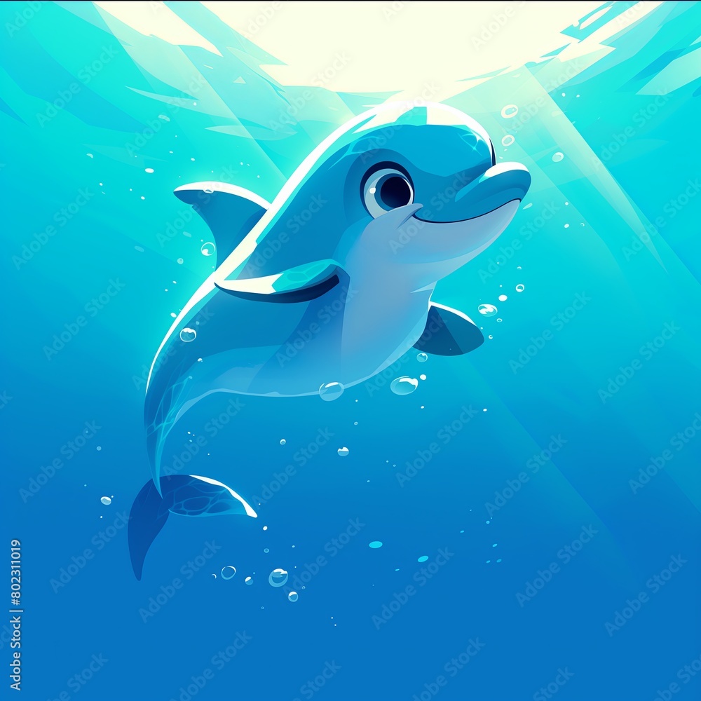 Obraz premium Cartoon Dolphin in a sea, Adorable Illustration