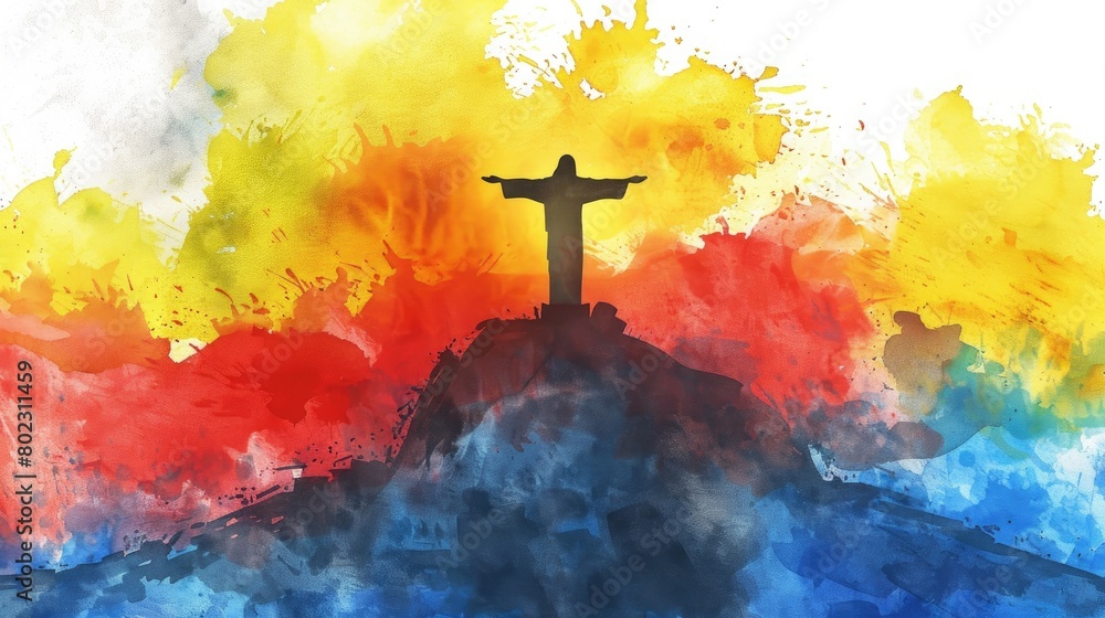 Obraz premium Minimalist watercolor silhouette of Jesus Christ on a high mount, the scene rendered in bold, abstract colors symbolizing divinity,