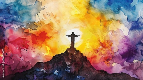 Artistic watercolor depiction of Jesus Christ on the mount, his silhouette outlined against a sky painted in vibrant sunrise colors,