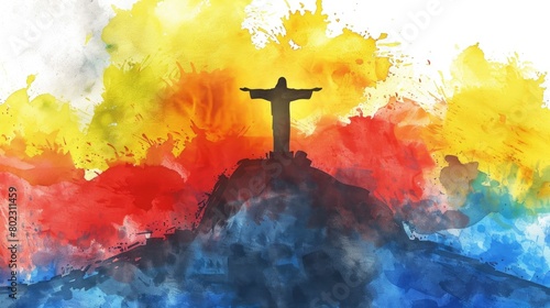 Minimalist watercolor silhouette of Jesus Christ on a high mount, the scene rendered in bold, abstract colors symbolizing divinity,