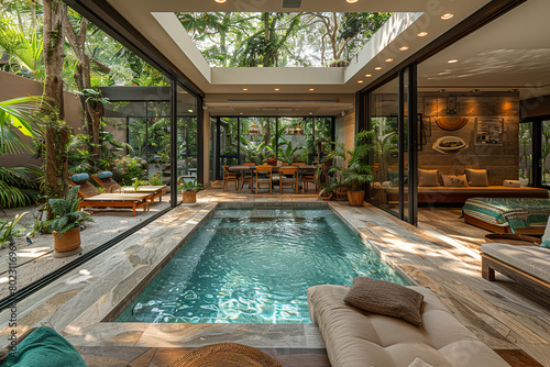 A contemporary indoor pool with a retractable roof, offering the flexibility to enjoy open-air swimming or sheltered relaxation as desired. photo