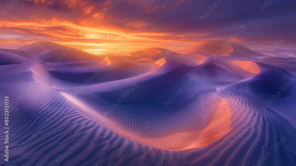 Fototapeta premium Sunrise paints unusual fractal patterns on undulating desert sand dunes with a vibrant orange and purple gradient sky as backdrop