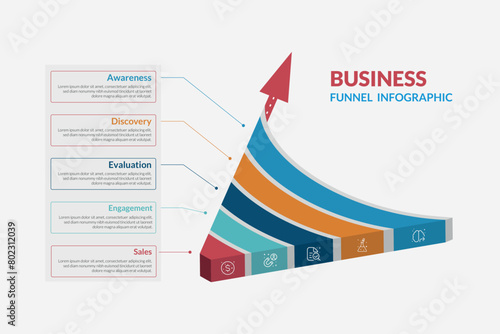 Infographic Sales funnel. Sales funnel is a representation of the stages that a prospective new customer. 5 Level Modern Sales funnel diagram. All in a single layer.