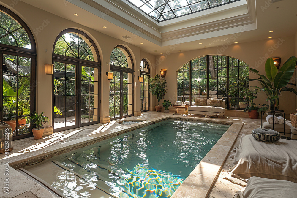 A cozy indoor pool nestled beneath a skylight in a sunlit room, its inviting waters providing a refreshing escape from the outside world.