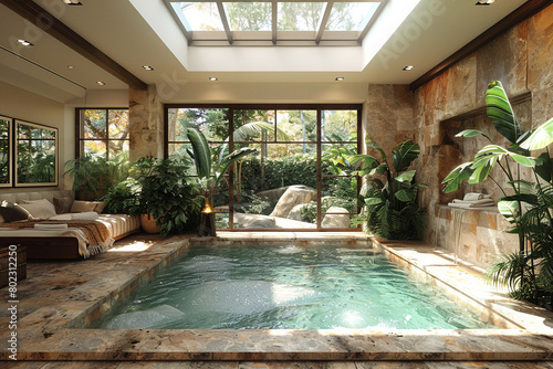 A cozy indoor pool nestled beneath a skylight in a sunlit room, its inviting waters providing a refreshing escape from the outside world. © shafiq