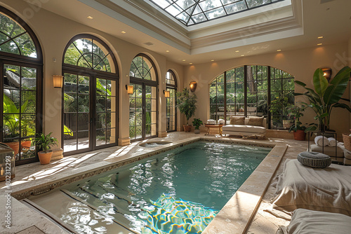 A cozy indoor pool nestled beneath a skylight in a sunlit room, its inviting waters providing a refreshing escape from the outside world.