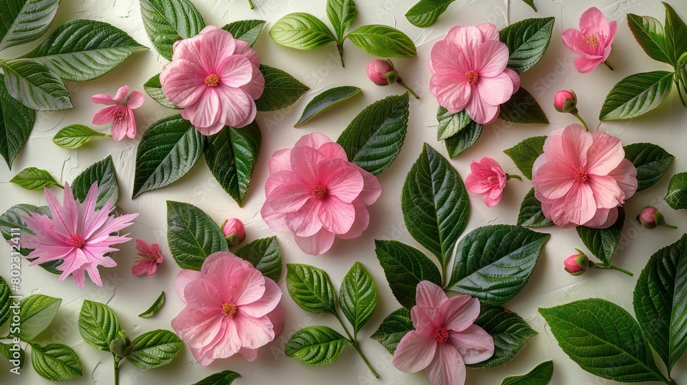 Pink Flowers and Green Leaves on a White Surface Pink Flowers and Green Leaves on a White Surface