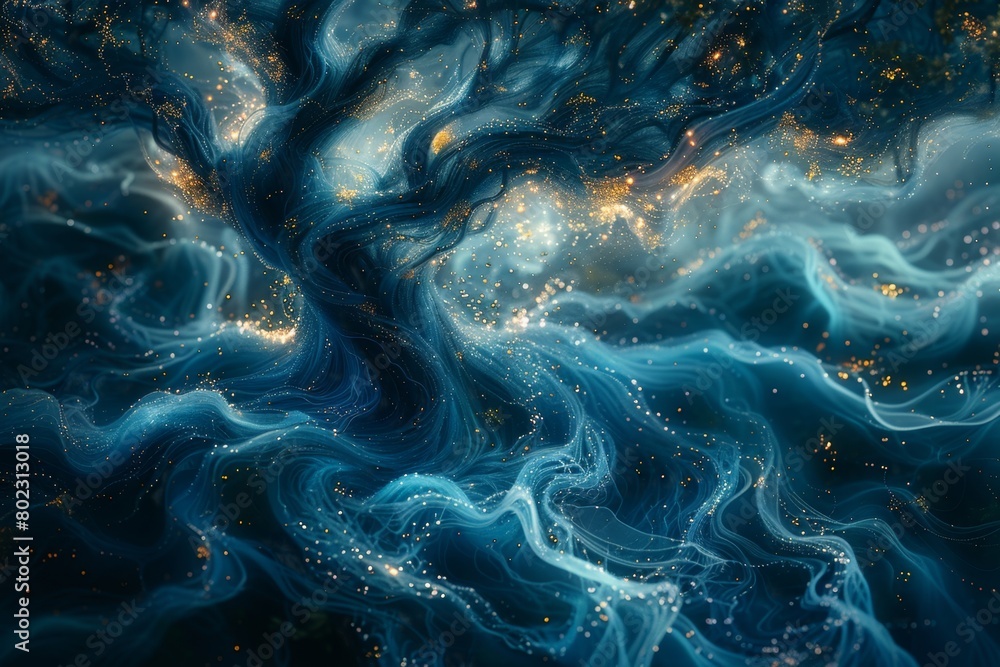 Surreal digital art piece depicting an ethereal sea of swirling blue and gold, with glowing particles and glittering stars creating the impression that it is made from liquid metal, Generative AI Surreal digital art piece depicting an ethereal sea of swirling blue and gold, with glowing particles and glittering stars creating the impression that it is made from liquid metal, Generative AI