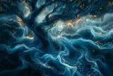 Surreal digital art piece depicting an ethereal sea of swirling blue and gold, with glowing particles and glittering stars creating the impression that it is made from liquid metal, Generative AI