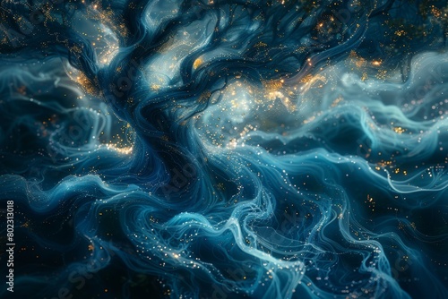 Surreal digital art piece depicting an ethereal sea of swirling blue and gold, with glowing particles and glittering stars creating the impression that it is made from liquid metal, Generative AI