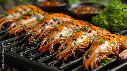 Prawns BBQ, Grilled Shrimps, Seafood Grill on Thailand Beach, Prawns on Open Fire, Barbecue