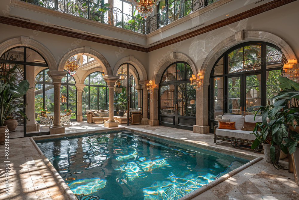 A luxurious indoor pool nestled within a spacious room, its shimmering waters reflecting the elegant chandeliers above.