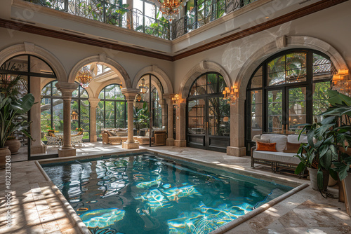 A luxurious indoor pool nestled within a spacious room, its shimmering waters reflecting the elegant chandeliers above.