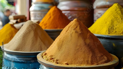 Symbol of Moroccan Cuisine: Vibrant Market Spices like Turmeric, Paprika, and Cinnamon. Concept Moroccan Cuisine, Vibrant Spices, Market Flavors, Turmeric, Paprika, Cinnamon © Anastasiia