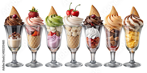 Seven different types of ice cream cups are served in tall glasses, each topped with toppings such as fruit, nuts and chocolate.They are arranged in a straight line against a transparent background.AI