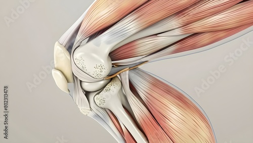 Detailed description of human knee and elbow joint anatomy and motion. Concept Knee joint consists of femur, tibia, patella bones, ligaments, and menisci photo