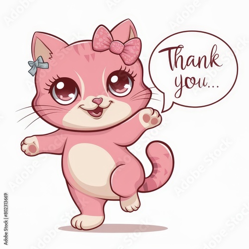 An adorable pink kitten with a bow and big eyes waves happily while saying  Thank you  in a speech bubble. A perfect image for expressing appreciation and gratitude.