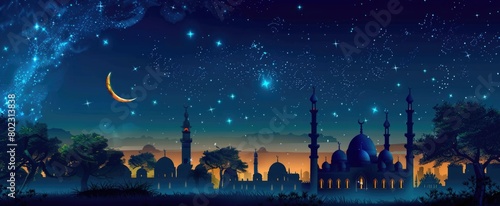 night scene featuring a crescent moon illuminating a beautifully detailed mosque with minarets and a starry sky, representing the start of the Islamic New Year