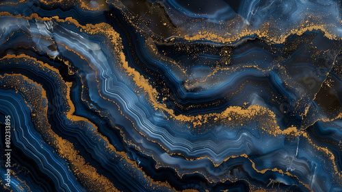 An abstract design of blue agate with golden veins, showcasing the contrast between deep blues and shimmering golds on black background.
