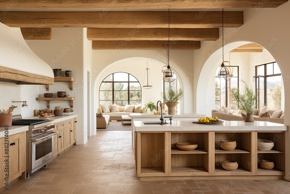 Light Modern Wood Kitchen Space with Natural Light, Styled Cabinets and Ached Doorways