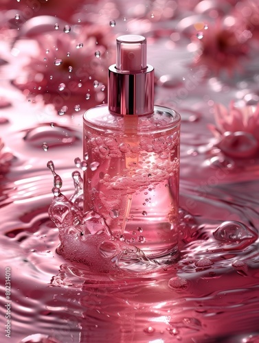 Promotional photo of a pink bottle for cream skin care products, floating in the air, light and airy.