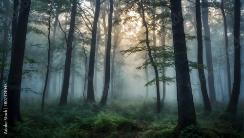 an enchanting scene of a mystical fog-filled forest landscape  where magic seems to linger in the air.