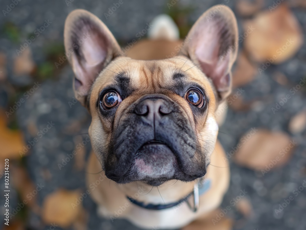 A curious French Bulldog gazes upwards with expressive eyes among autumn leaves, conveying loyalty and innocence.