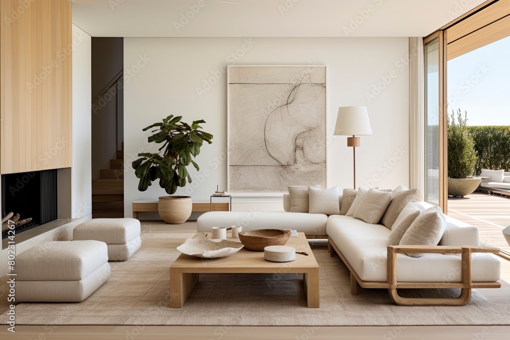 Neutral Modern Living Room Interior with Sketch Art and Comfortable Linen Couches