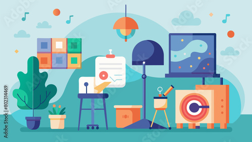 A room filled with calming music and soft lighting where artists with ADHD can freely move around and create art in a lowstimulus environment at an. Vector illustration