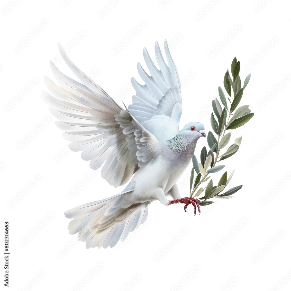Fototapeta premium white dove of peace flying with green olive twig isolated on transparent background with space for text