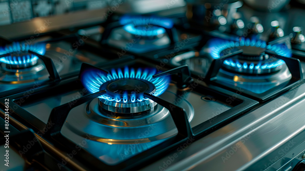 Gas is burning on the kitchen stove burners. Selective focus. Gas is burning on the kitchen stove burners. Selective focus.