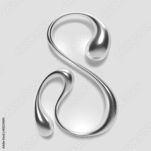 3D melted liquid metal letter S, English alphabet, with a glossy reflective surface, abstract fluid droplet shape, and silver chrome gradient. Isolated vector letter for modern Y2K typography design
