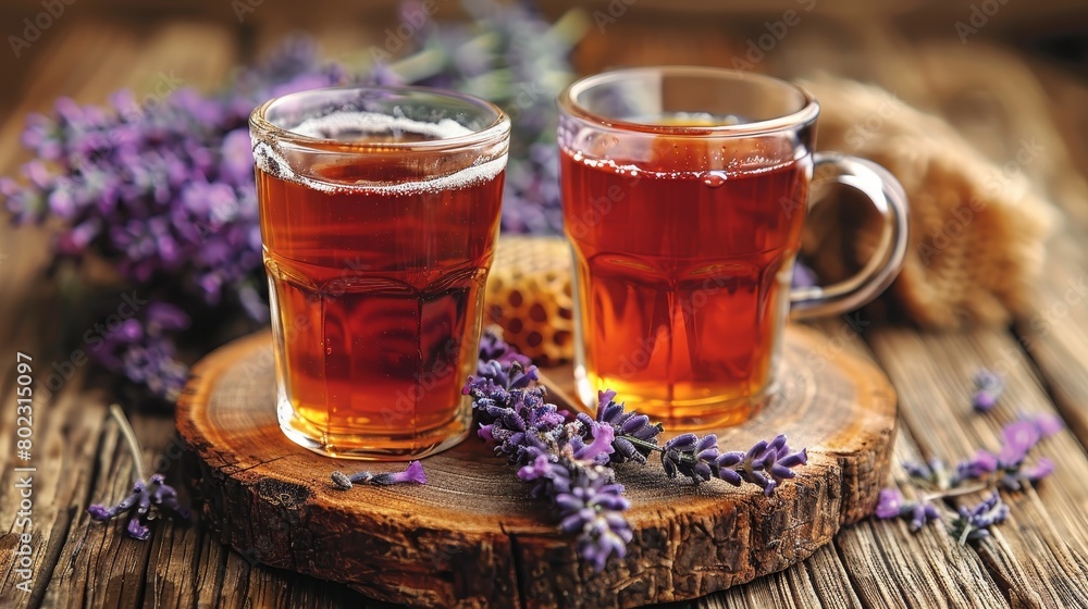 Fresh honey in honeycombs with lavender on wooden table, spring concept with space for text Fresh honey in honeycombs with lavender on wooden table, spring concept with space for text