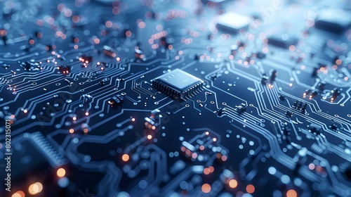 A close-up view of a sophisticated circuit board, highlighting its intricate pathways and glowing nodes in a cool blue tone, abstract background
