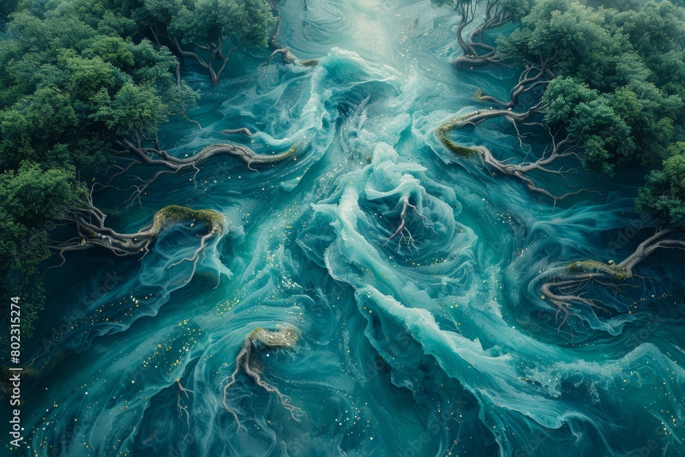 Surreal aerial view of an enchanted forest, with gnarled trees and swirling patterns of light in the water that look like glowing tendrils, Generative AI Surreal aerial view of an enchanted forest, with gnarled trees and swirling patterns of light in the water that look like glowing tendrils, Generative AI