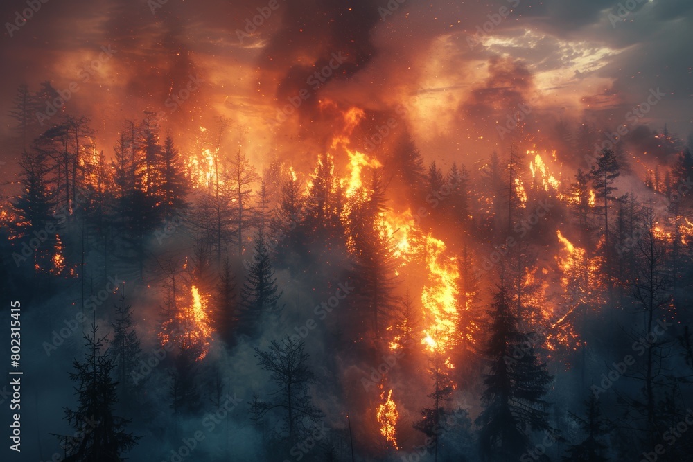 Blazing wildfire engulfs massive forested region