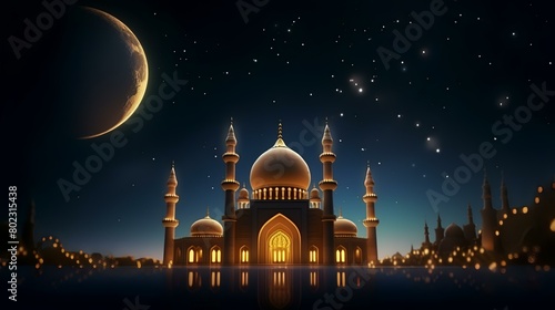 Eid Mubarak background with mosque and moon 3d rendering © shameem