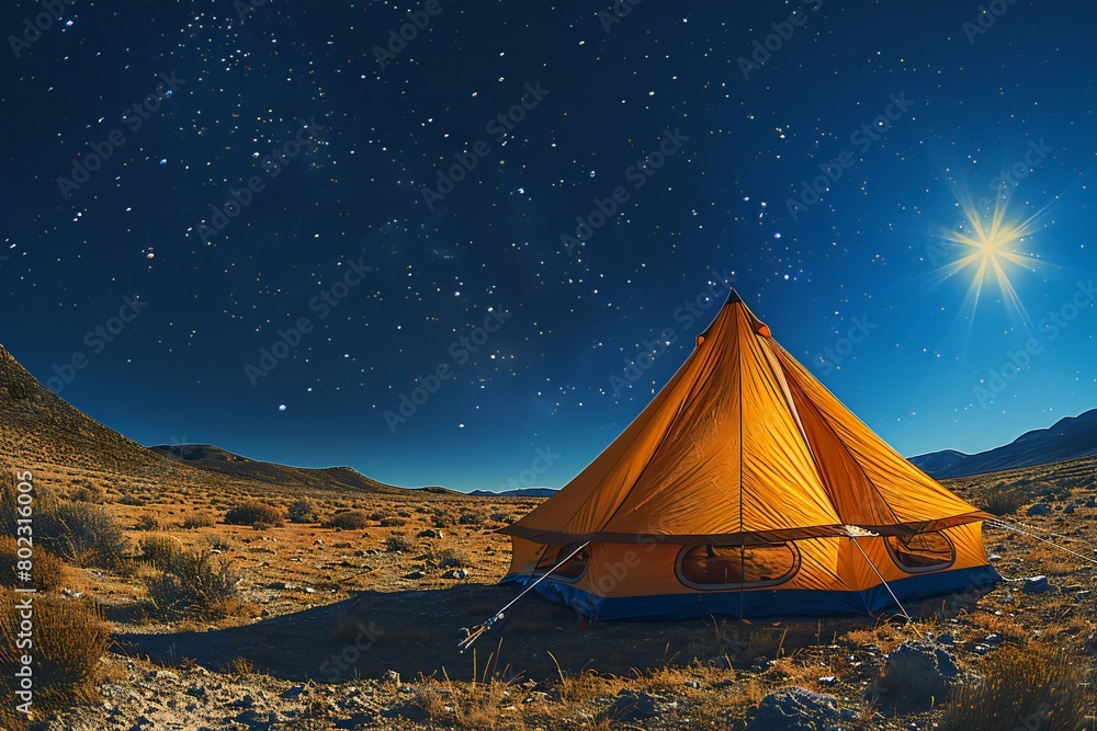 Tent in the mountains under the starry sky,   rendering