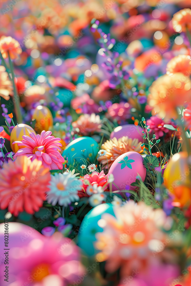 Easter eggs and flowers in the garden. Selective focus.
