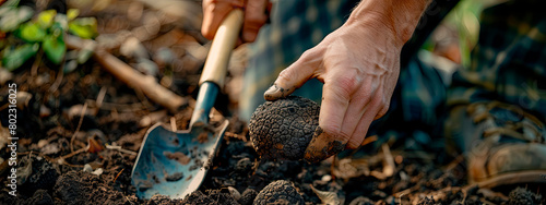 Digging up truffle mushroom in the forest. Selective focus.