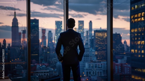 A successful businessman in a modern office building, looking out of the window at the city skyline,