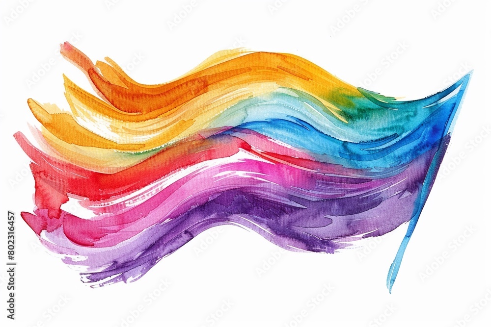 Watercolor illustration clipart of a vibrant rainbow flag flowing gracefully Watercolor illustration clipart of a vibrant rainbow flag flowing gracefully
