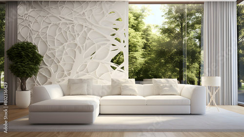 modern home interior, forest in background, living. Modern Sofa Background Image