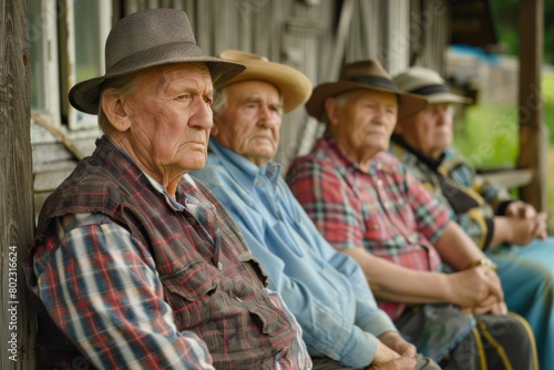Group of old men in cowboy hats sitting on the porch of an old house