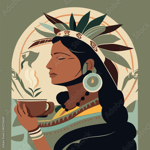 mujer indigena con montallas antras y pepas de cafe, vector illustration flat 2 photo