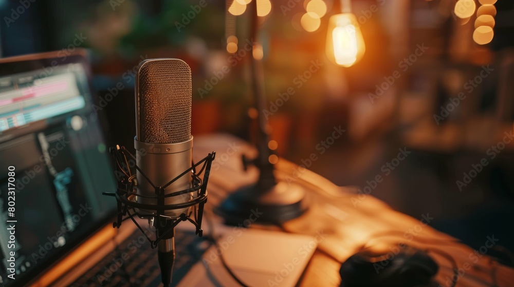 podcast home studio with microphone boom arm and audio recording professional mixer on desk podcast home studio with microphone boom arm and audio recording professional mixer on desk